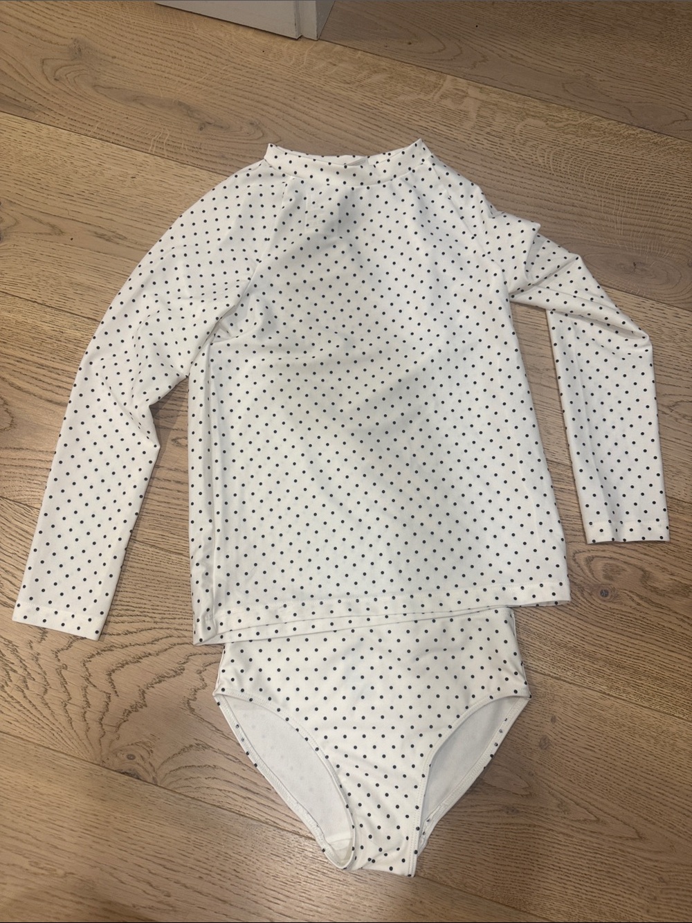 Kids White Polka Dot Long Sleeve Rash Guard Swimsuit Set